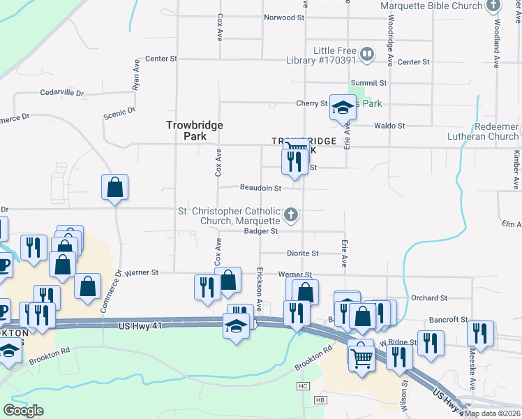 map of restaurants, bars, coffee shops, grocery stores, and more near 2399 Moran Street in Marquette