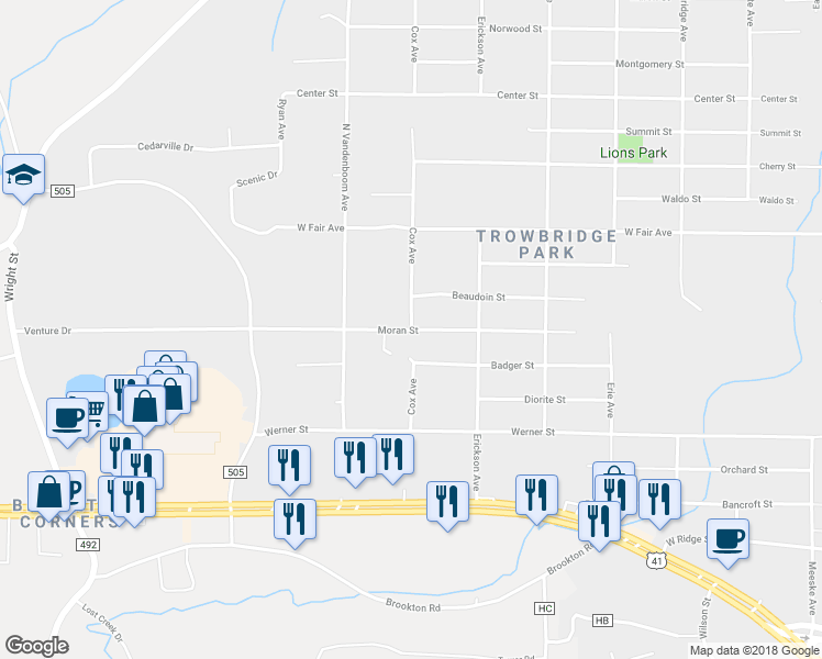 map of restaurants, bars, coffee shops, grocery stores, and more near Moran Street in Marquette