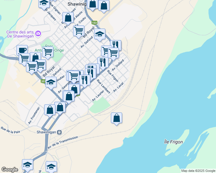 map of restaurants, bars, coffee shops, grocery stores, and more near Avenue Laurier in Shawinigan