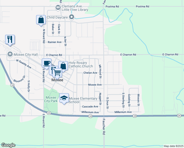 map of restaurants, bars, coffee shops, grocery stores, and more near 604 Chelan Avenue in Moxee