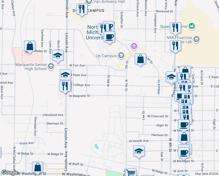 map of restaurants, bars, coffee shops, grocery stores, and more near 800-898 West Magnetic Street in Marquette