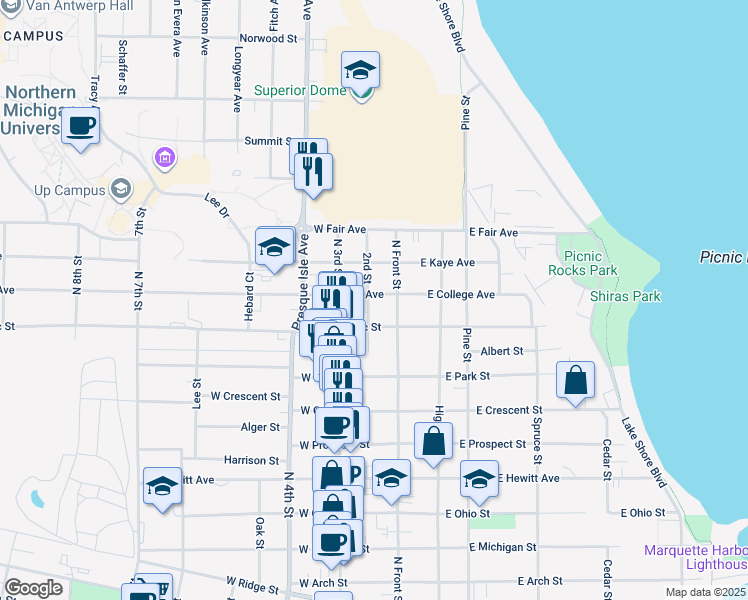 map of restaurants, bars, coffee shops, grocery stores, and more near 112 West Magnetic Street in Marquette