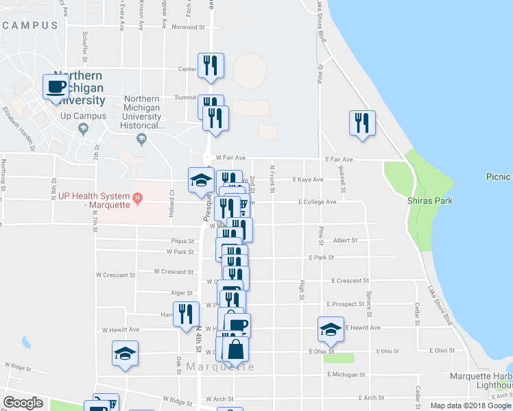 map of restaurants, bars, coffee shops, grocery stores, and more near 107 West College Avenue in Marquette