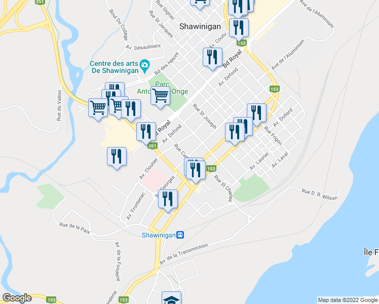 map of restaurants, bars, coffee shops, grocery stores, and more near 1935 Avenue Georges in Shawinigan