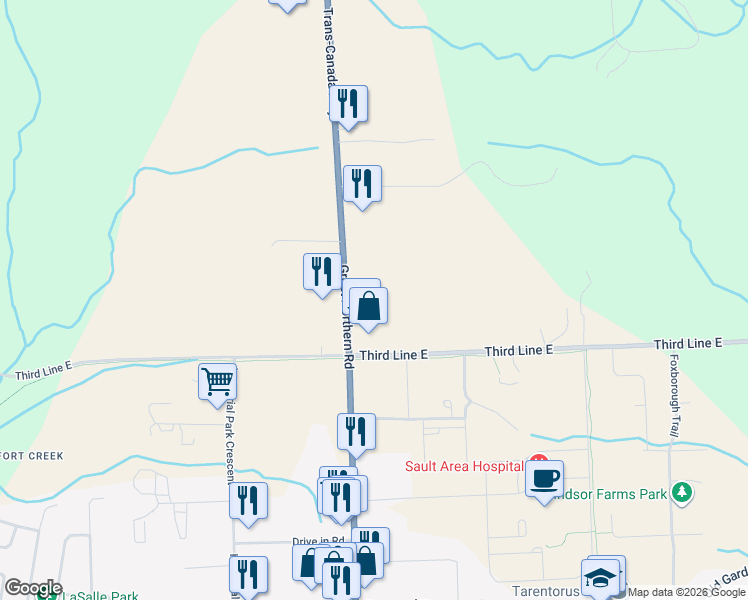 map of restaurants, bars, coffee shops, grocery stores, and more near 652 Third Line East in Sault Ste. Marie