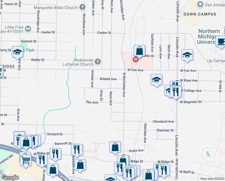 map of restaurants, bars, coffee shops, grocery stores, and more near 1300 West Avenue in Marquette