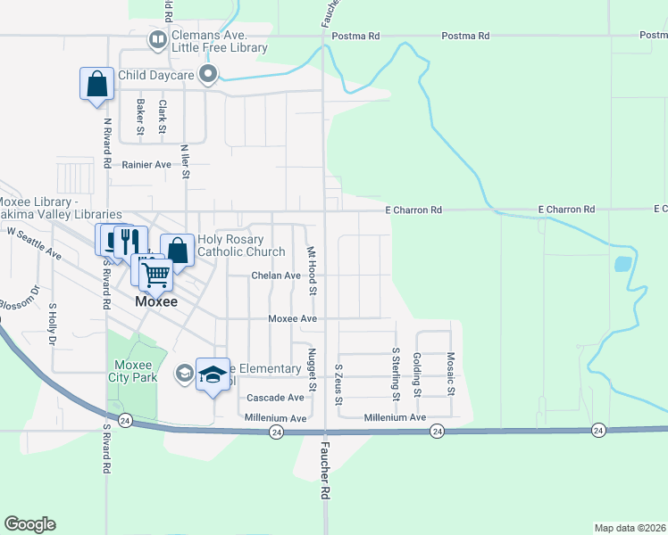 map of restaurants, bars, coffee shops, grocery stores, and more near 202 North Zeus Street in Moxee