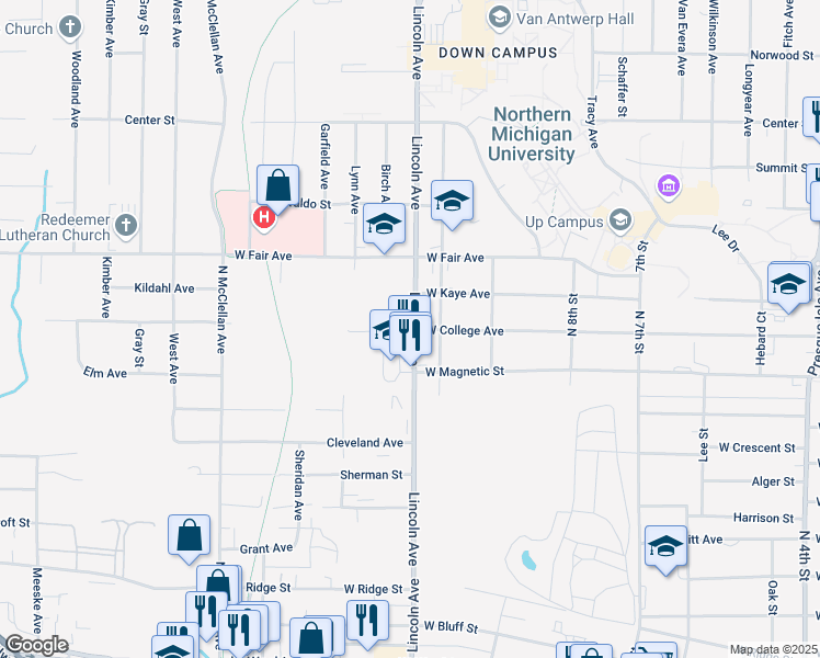 map of restaurants, bars, coffee shops, grocery stores, and more near 1207 Lincoln Avenue in Marquette