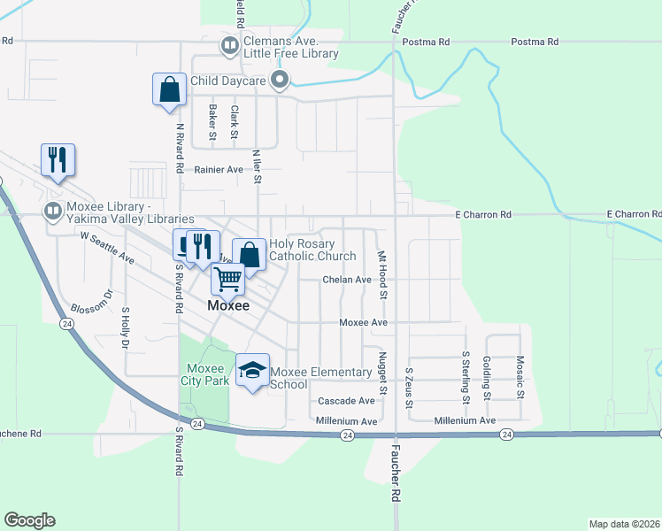 map of restaurants, bars, coffee shops, grocery stores, and more near 512 Horizon Avenue in Moxee