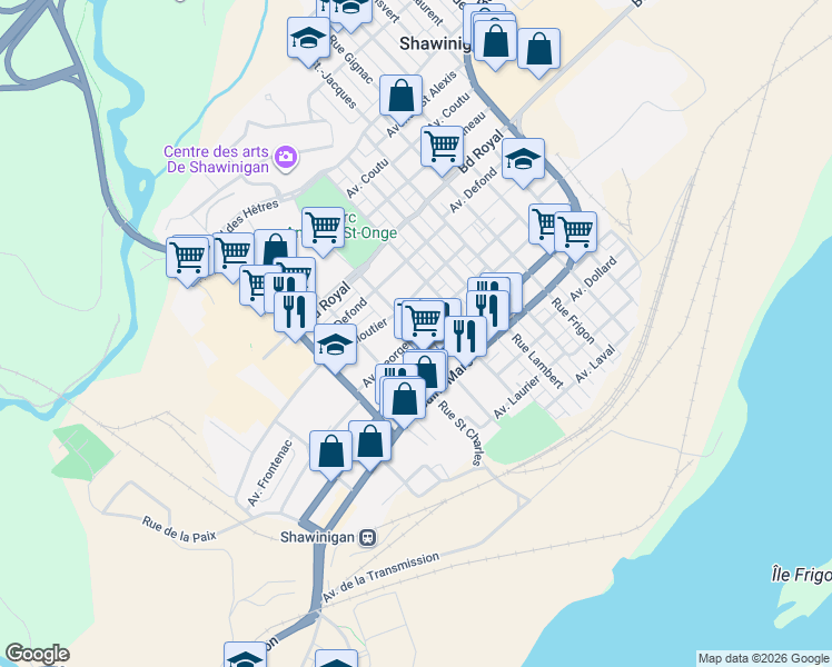 map of restaurants, bars, coffee shops, grocery stores, and more near Avenue Georges in Shawinigan