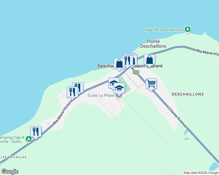 map of restaurants, bars, coffee shops, grocery stores, and more near 132 16e Avenue in Deschaillons-sur-Saint-Laurent