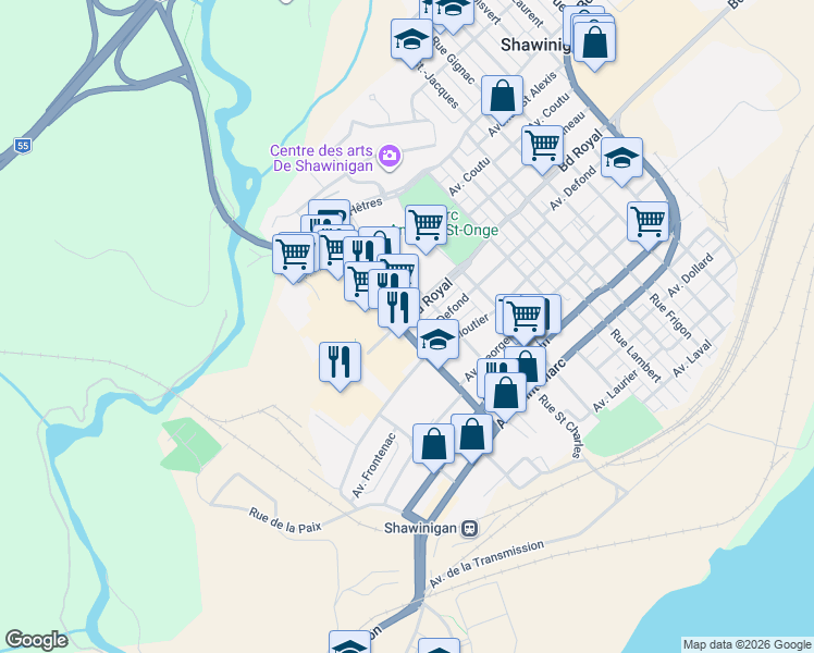 map of restaurants, bars, coffee shops, grocery stores, and more near 1396 Rue Trudel in Shawinigan