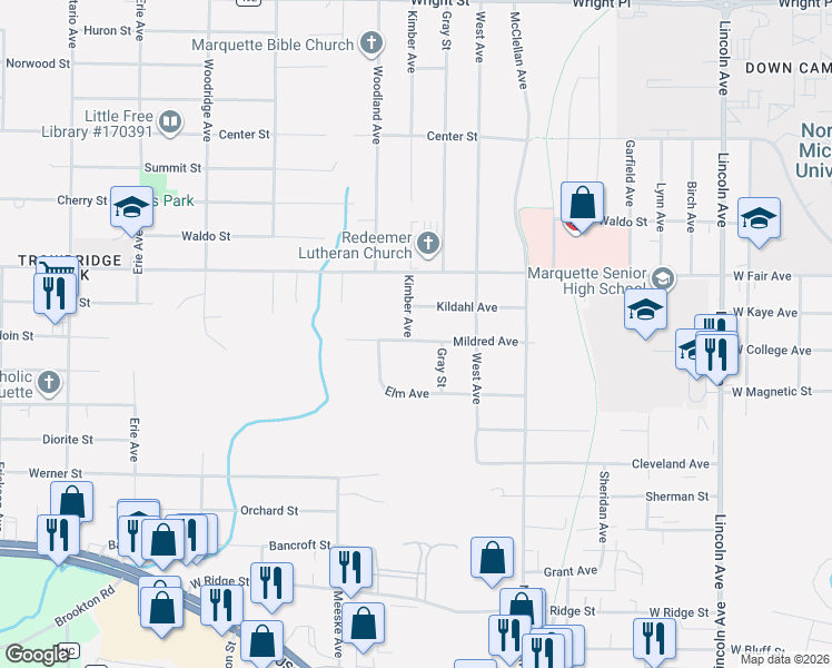 map of restaurants, bars, coffee shops, grocery stores, and more near 1307 Kimber Avenue in Marquette
