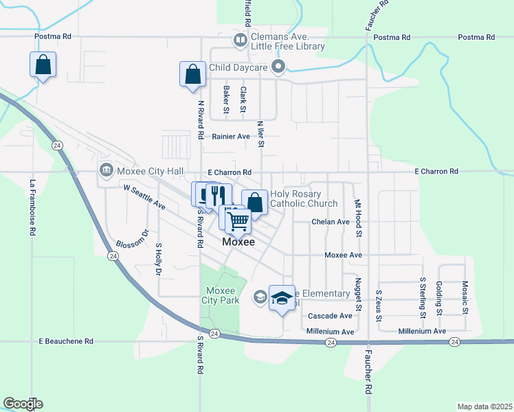 map of restaurants, bars, coffee shops, grocery stores, and more near 212 E Naches Ave in Moxee