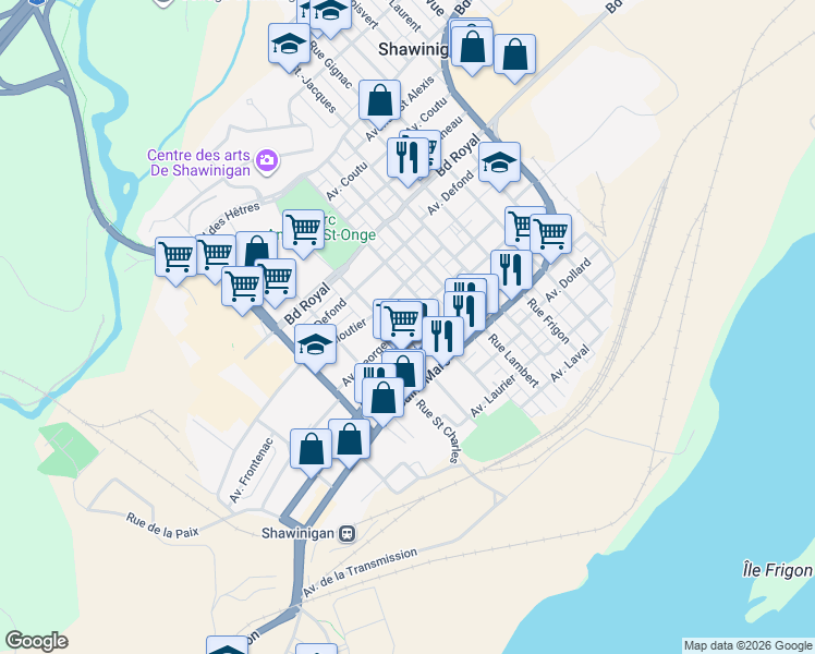map of restaurants, bars, coffee shops, grocery stores, and more near 2134 Avenue Georges in Shawinigan