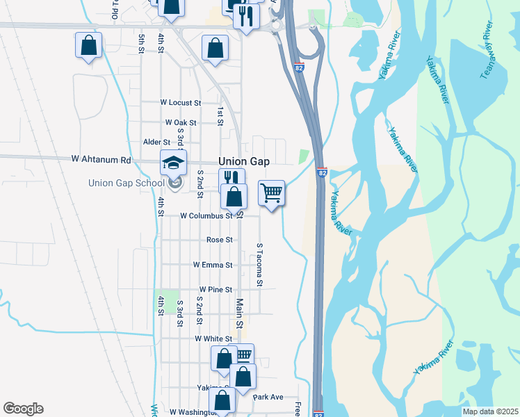 map of restaurants, bars, coffee shops, grocery stores, and more near 3201 Tacoma St in Union Gap
