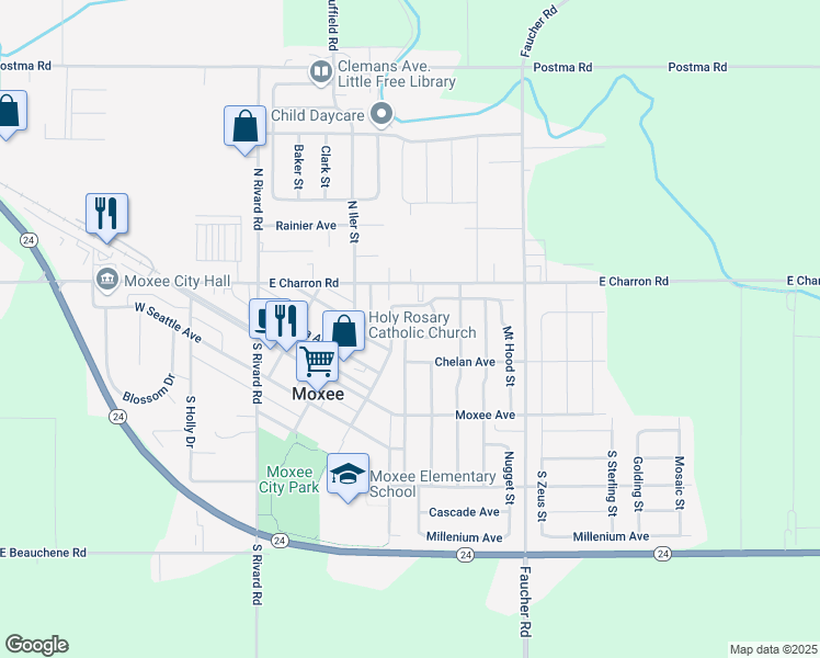 map of restaurants, bars, coffee shops, grocery stores, and more near 503 Horizon Avenue in Moxee