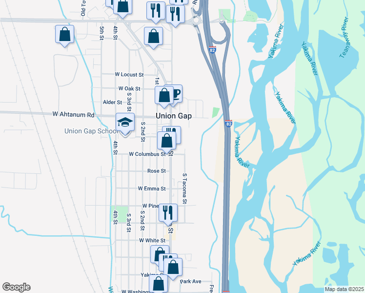 map of restaurants, bars, coffee shops, grocery stores, and more near 3201 Tacoma St in Union Gap