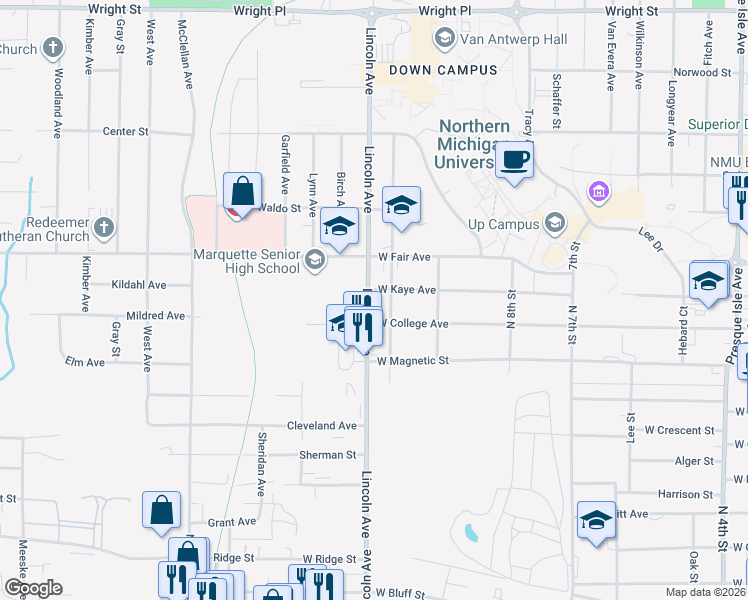 map of restaurants, bars, coffee shops, grocery stores, and more near 1218 Lincoln Avenue in Marquette