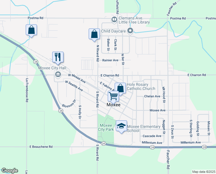 map of restaurants, bars, coffee shops, grocery stores, and more near North Spokane Street in Moxee