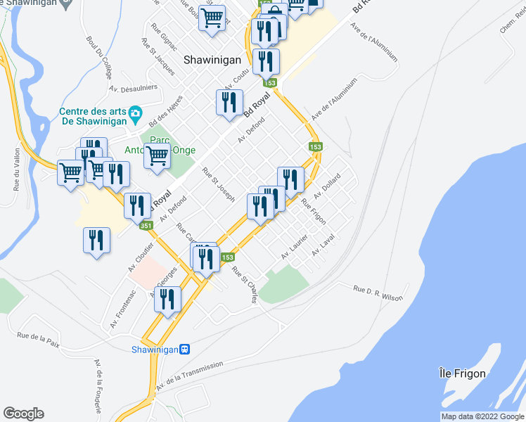map of restaurants, bars, coffee shops, grocery stores, and more near 865 Rue Lambert in Shawinigan