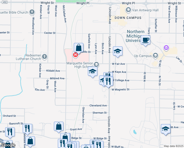 map of restaurants, bars, coffee shops, grocery stores, and more near 1203 West Fair Avenue in Marquette