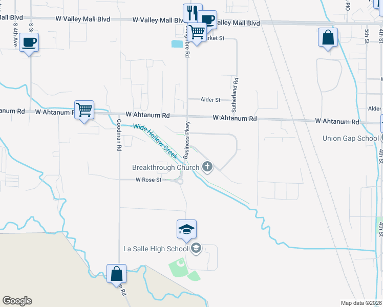 map of restaurants, bars, coffee shops, grocery stores, and more near 2600 Business Parkway in Union Gap