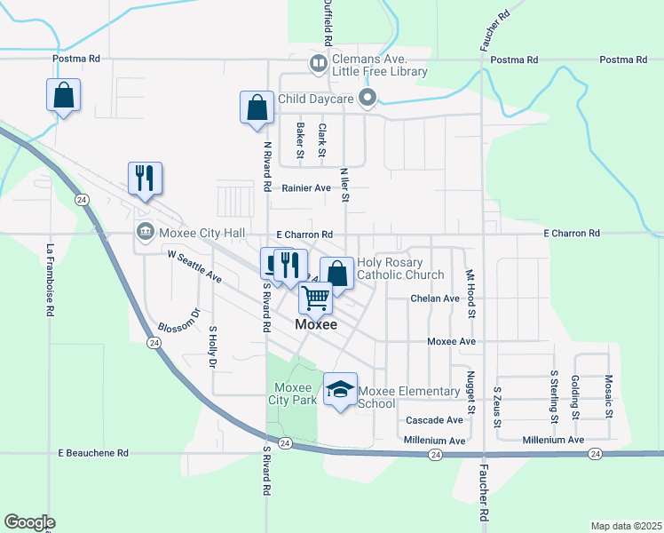 map of restaurants, bars, coffee shops, grocery stores, and more near 212 E Naches Ave in Moxee