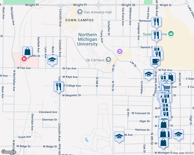 map of restaurants, bars, coffee shops, grocery stores, and more near 801 West Kaye Avenue in Marquette