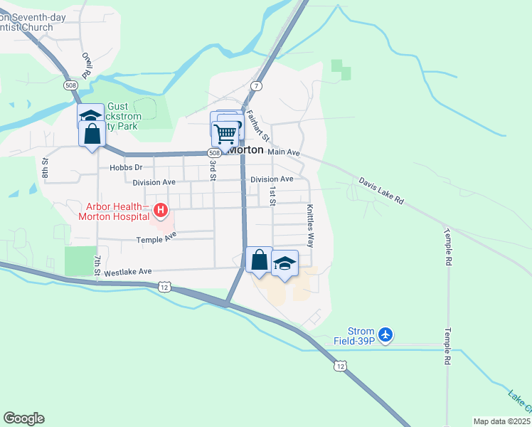 map of restaurants, bars, coffee shops, grocery stores, and more near 302 1st Street in Morton