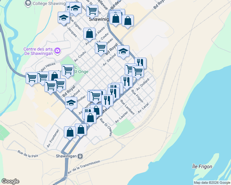 map of restaurants, bars, coffee shops, grocery stores, and more near 892 Rue Lambert in Shawinigan