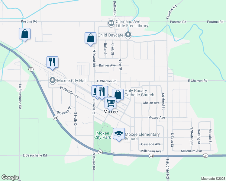 map of restaurants, bars, coffee shops, grocery stores, and more near 212 E Naches Ave in Moxee