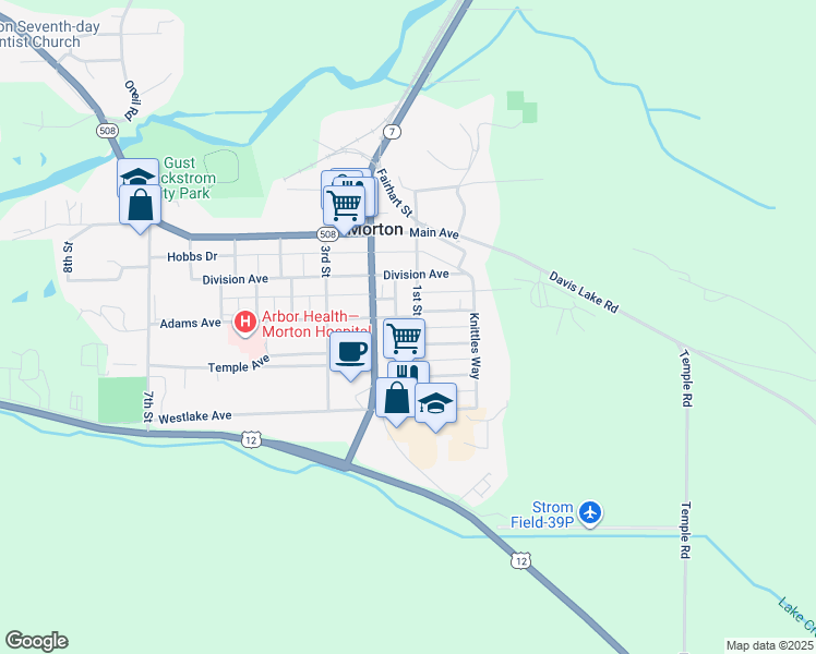 map of restaurants, bars, coffee shops, grocery stores, and more near 302 1st Street in Morton