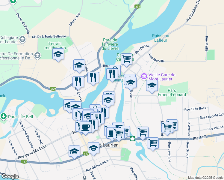 map of restaurants, bars, coffee shops, grocery stores, and more near 731 Carré Laurier in Mont-Laurier