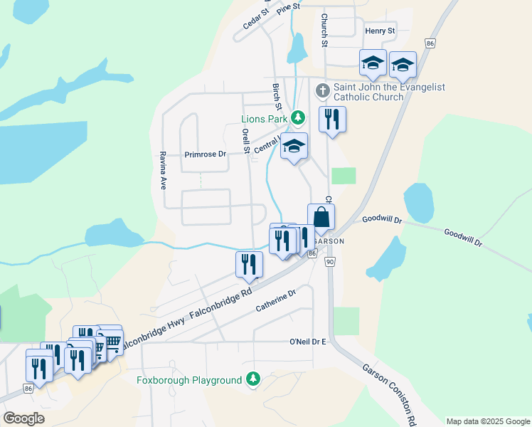 map of restaurants, bars, coffee shops, grocery stores, and more near Mary Street in Sudbury