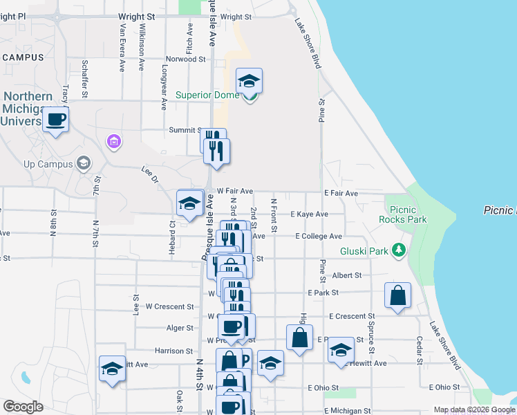 map of restaurants, bars, coffee shops, grocery stores, and more near 101-199 West Kaye Avenue in Marquette