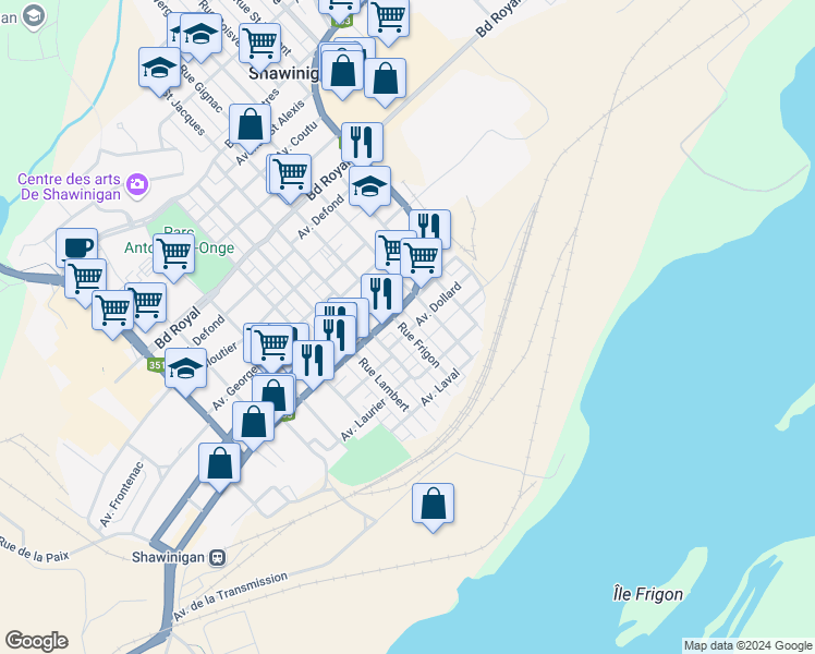 map of restaurants, bars, coffee shops, grocery stores, and more near 702 Rue Frigon in Shawinigan