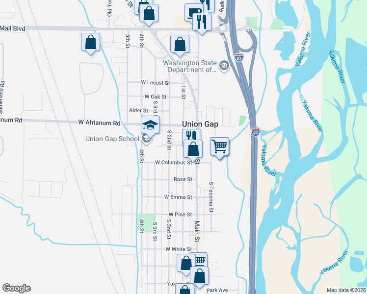 map of restaurants, bars, coffee shops, grocery stores, and more near 3208 1st Street in Union Gap