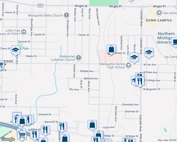map of restaurants, bars, coffee shops, grocery stores, and more near 1700 Kildahl Avenue in Marquette