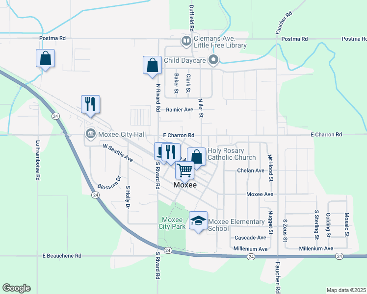 map of restaurants, bars, coffee shops, grocery stores, and more near N Spokane St in Moxee