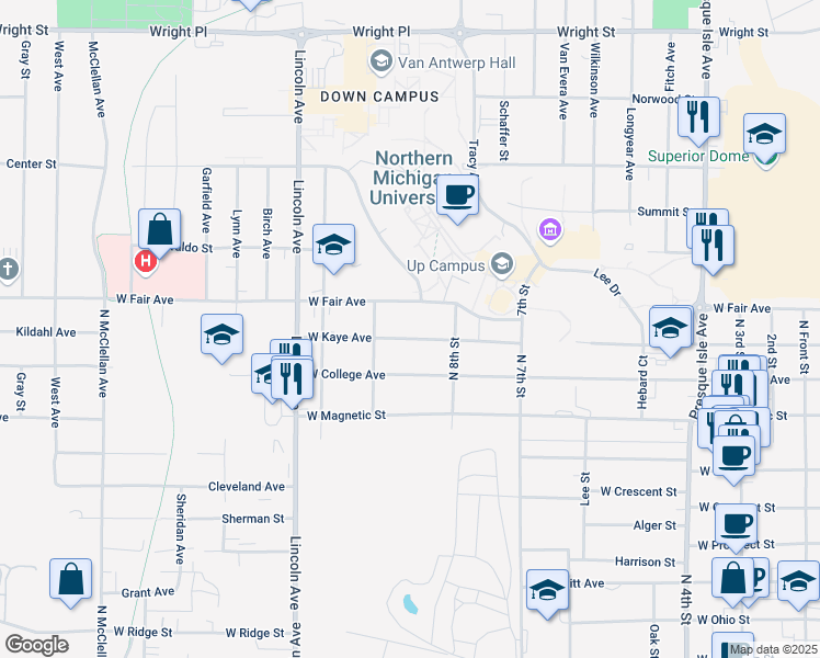 map of restaurants, bars, coffee shops, grocery stores, and more near 801-899 W Kaye Ave in Marquette