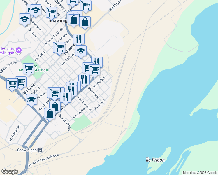 map of restaurants, bars, coffee shops, grocery stores, and more near Rue Notre Dame in Shawinigan