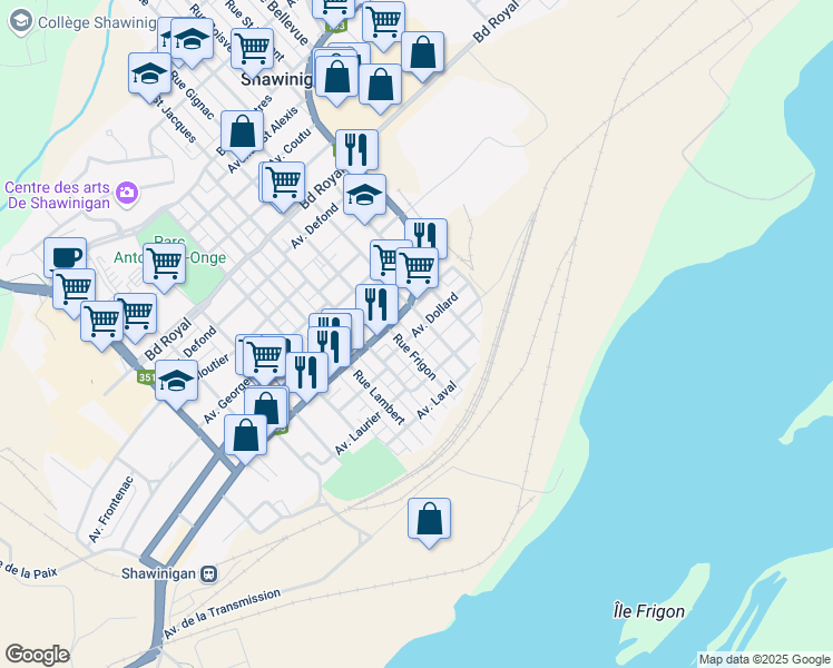 map of restaurants, bars, coffee shops, grocery stores, and more near 2552 Avenue Dollard in Shawinigan