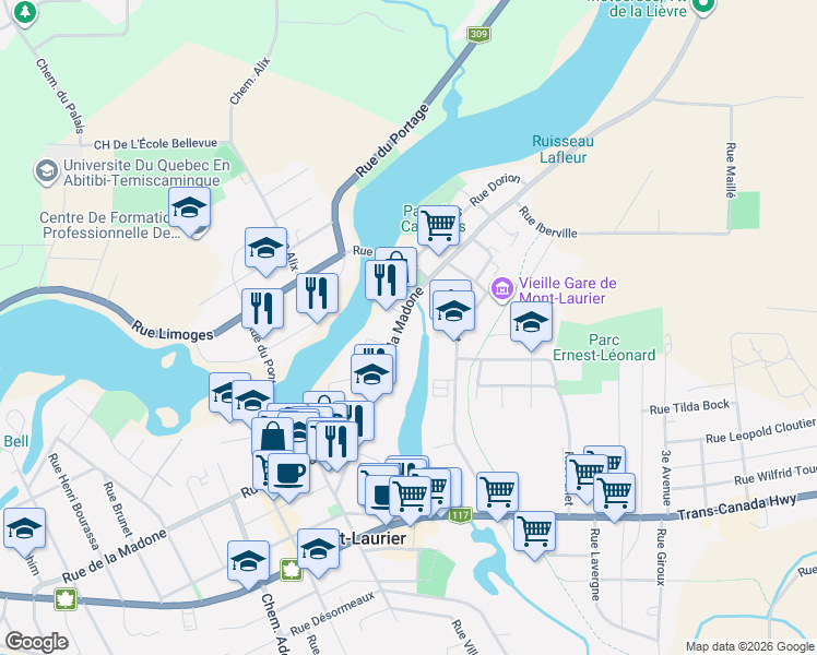 map of restaurants, bars, coffee shops, grocery stores, and more near 738 Rue de la Madone in Mont-Laurier