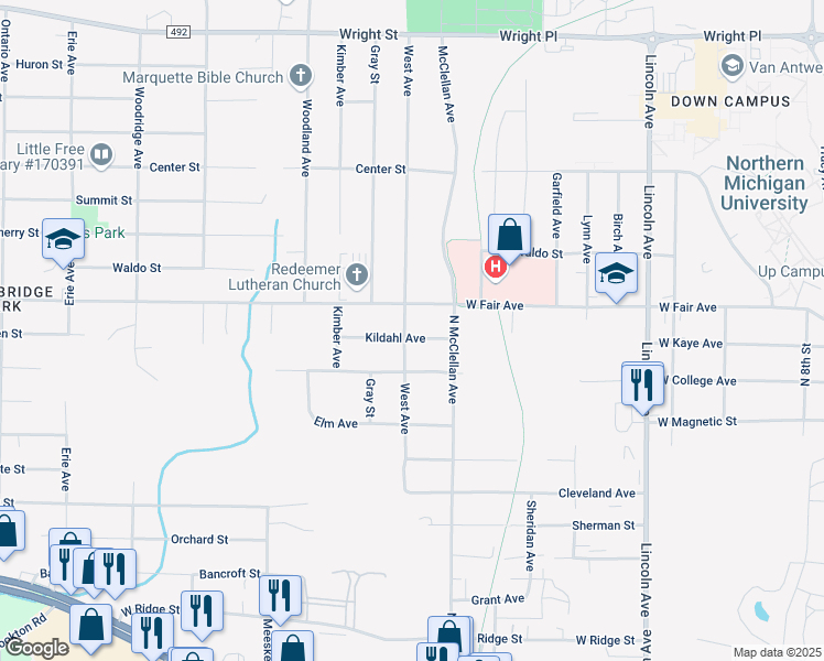 map of restaurants, bars, coffee shops, grocery stores, and more near 1300-1304 West Avenue in Marquette