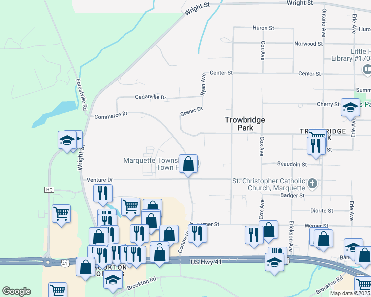 map of restaurants, bars, coffee shops, grocery stores, and more near 1070 Commerce Drive in Marquette