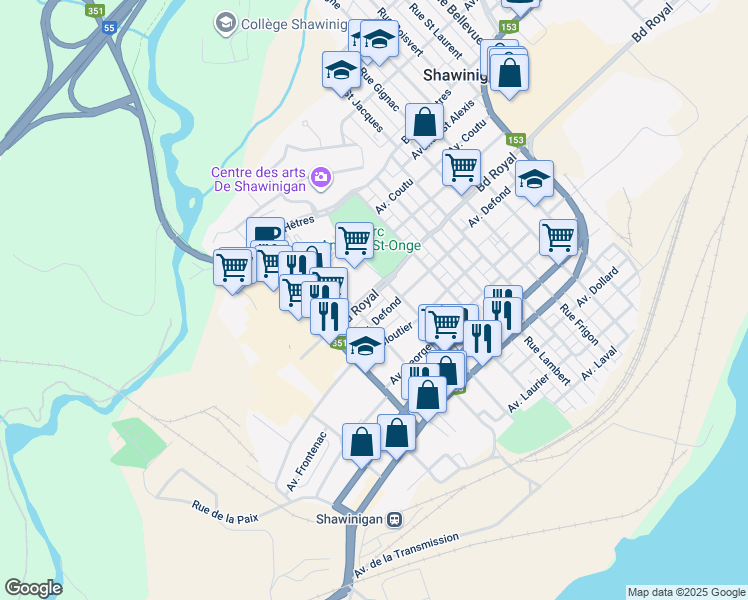 map of restaurants, bars, coffee shops, grocery stores, and more near 2002 Boulevard Royal in Shawinigan