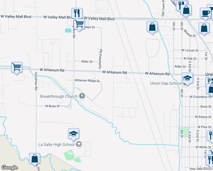 map of restaurants, bars, coffee shops, grocery stores, and more near 1205 Ahtanum Ridge Drive in Union Gap