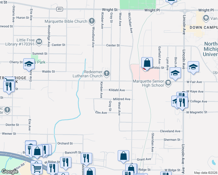 map of restaurants, bars, coffee shops, grocery stores, and more near 1700-1798 Kildahl Avenue in Marquette