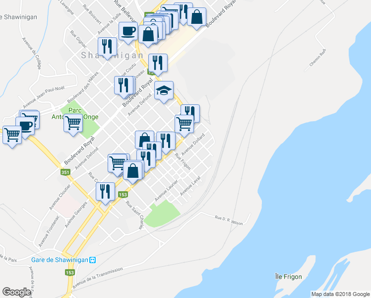 map of restaurants, bars, coffee shops, grocery stores, and more near 2573 Avenue Dollard in Shawinigan